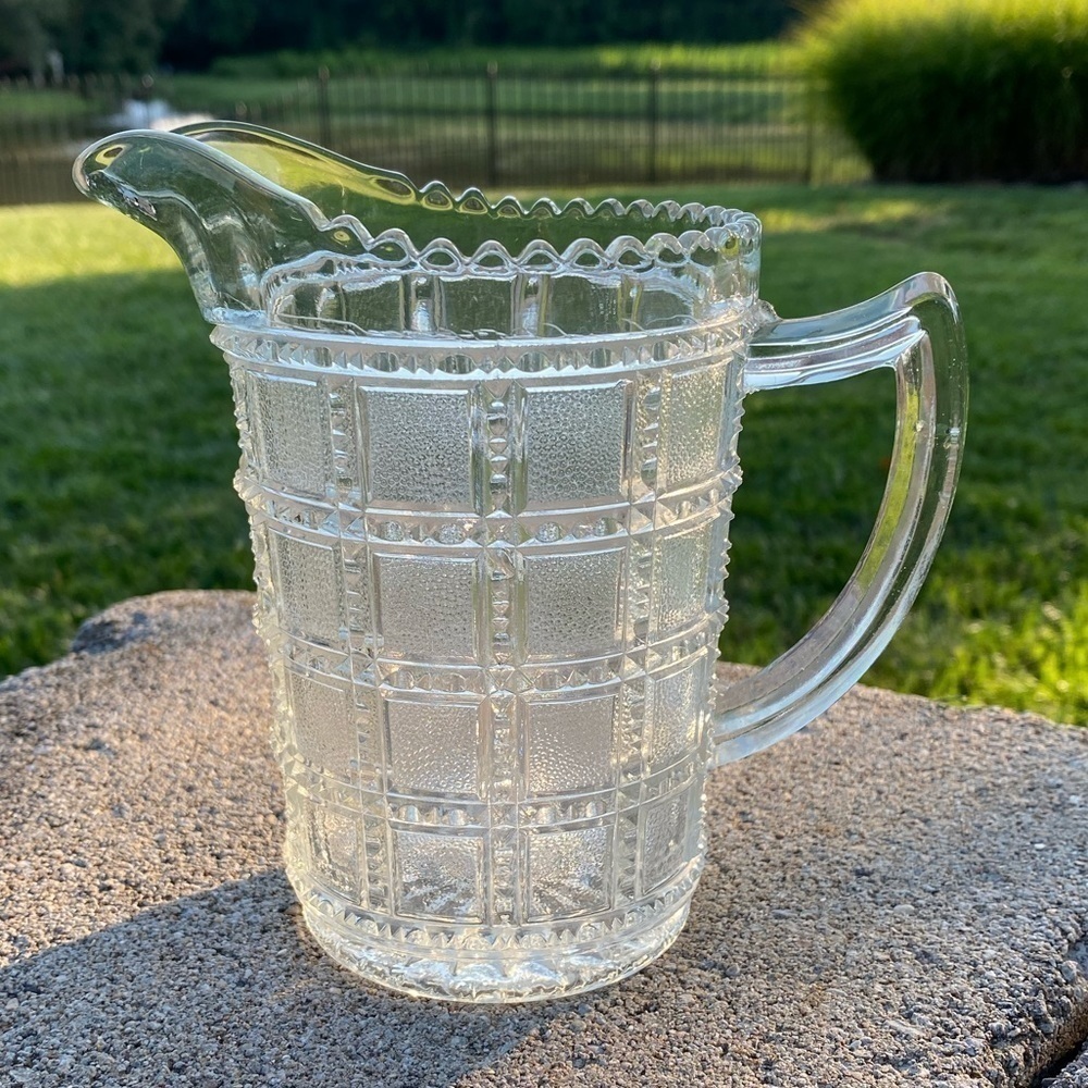 ANTIQUE MILK PITCHER~’FROSTED BLOCK’ PATTERN~AS IMPERIAL GLASS~CIRCA 1913+~G11